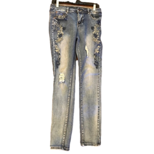 Orange Stretchy Distressed Rhinestone Embroidered Jeans